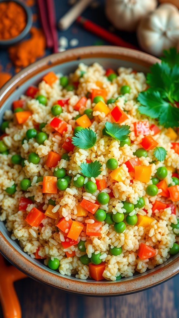 A bowl of colorful vegetable quinoa pilaf with spices and herbs, garnished with cilantro.